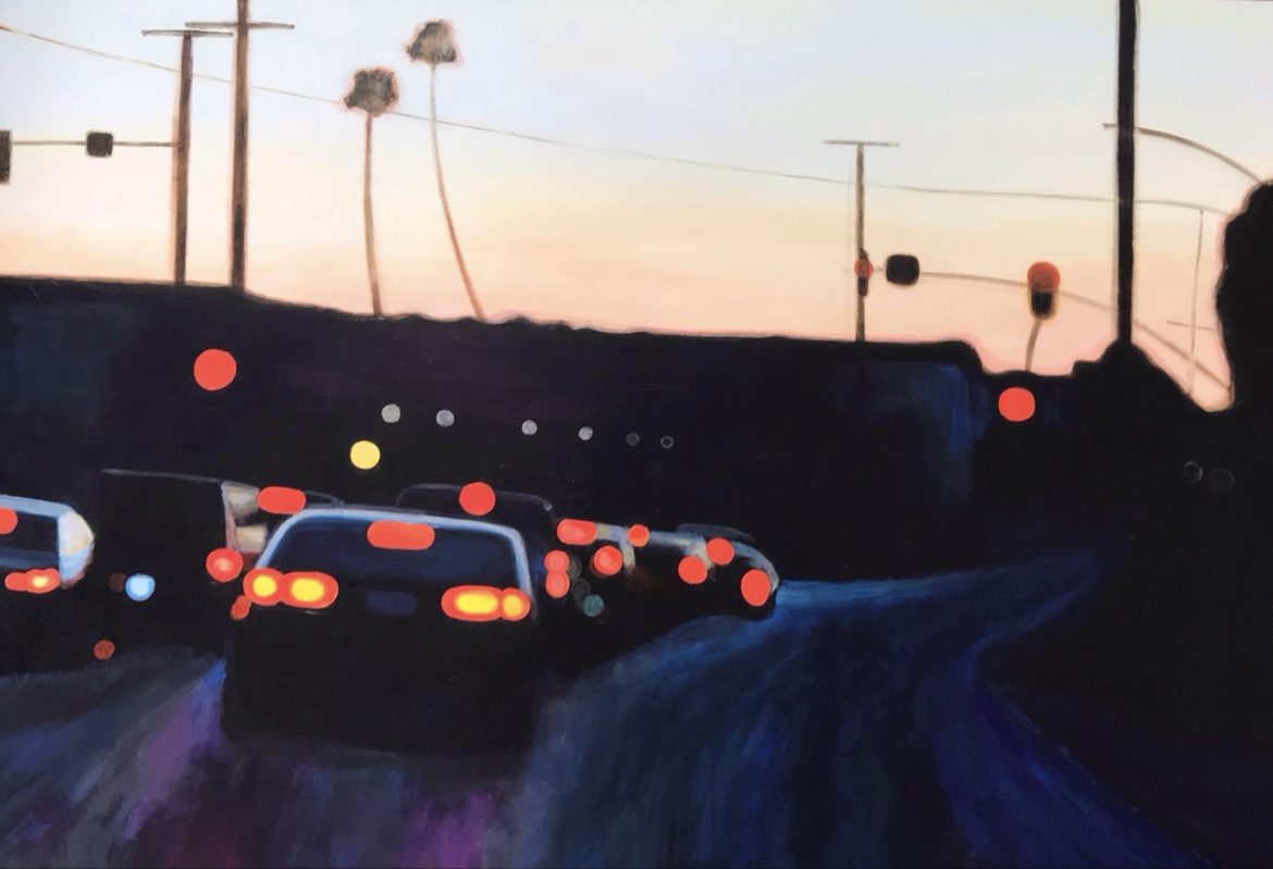 Jonathan Gleed painting of a highway at dusk with cars, palm trees and glowing red taillights